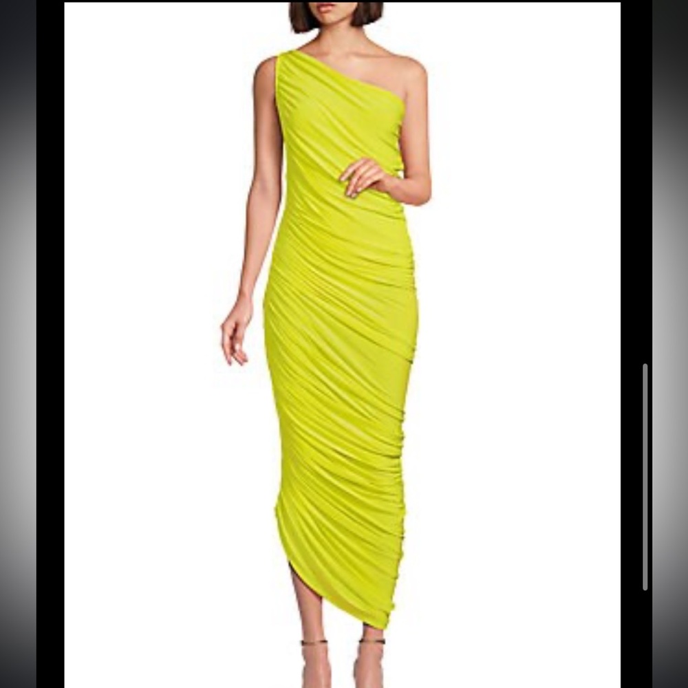 Norma Kamali Diana Ruched One-Shoulder Neon Yellow Midi Dress